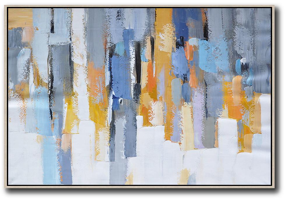 Handmade Painting Large Abstract Art,Oversized Horizontal Contemporary Art,Modern Paintings On Canvas,White,Grey,Blue,Yellow.etc